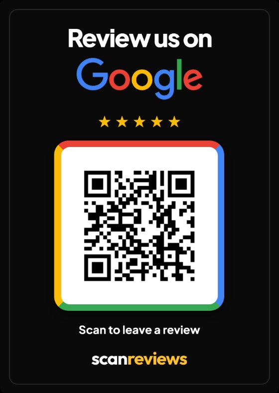 ScanReviews matte black Google review card with printed QR code