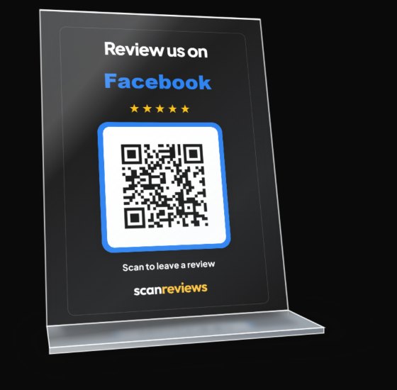 ScanReviews Facebook card in its acrylic desk stand