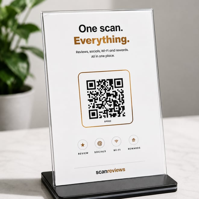 Multilink Review Card in its clear acrylic stand on a restaurant table